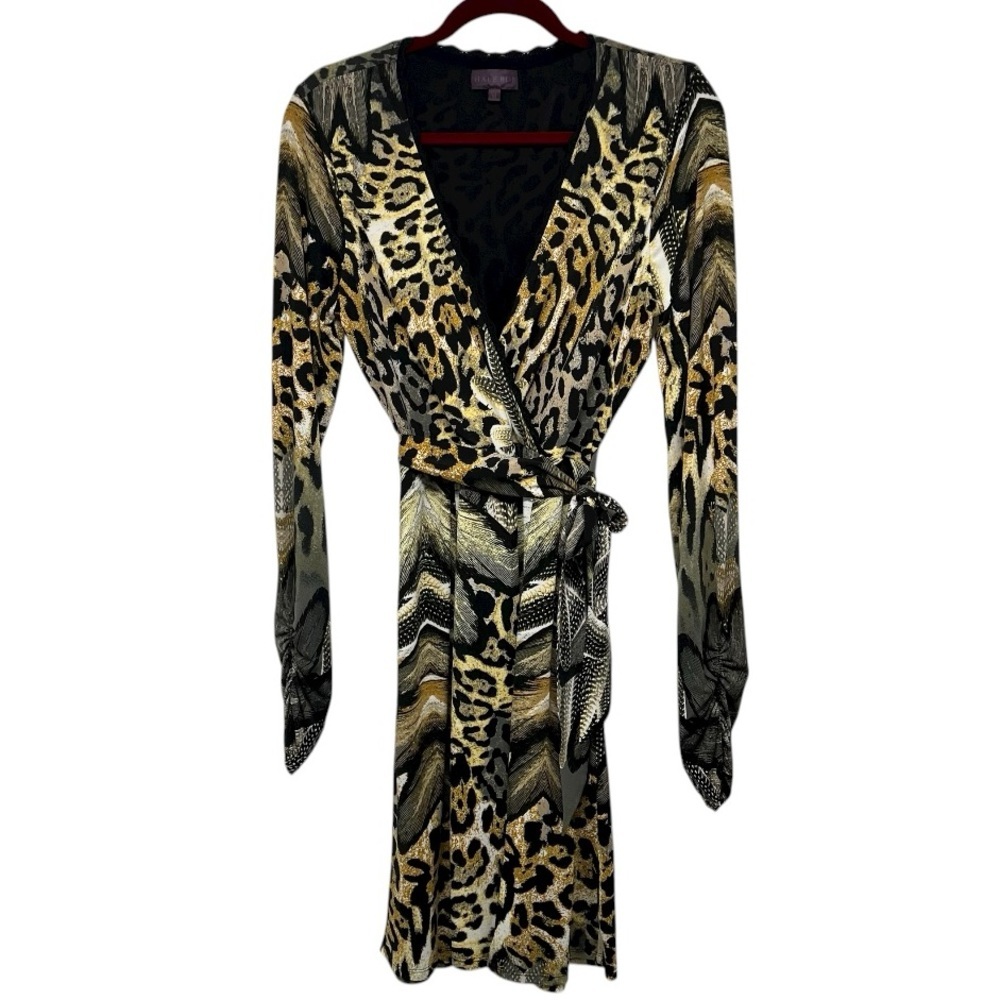 Hale Bob Animal Print Long Sleeve Faux Wrap Dress Women’s Medium - Picture 3 of 12